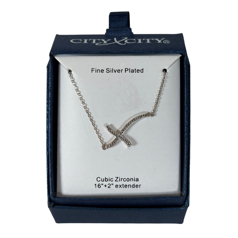 City by City Fine Silver Plated Cubic Zirconia Sideways Cross Necklace 16+2in